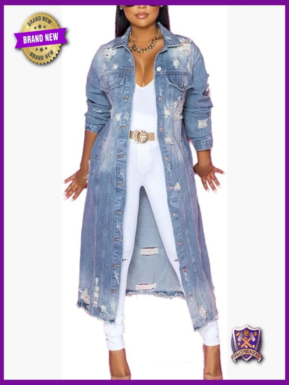Women's Distressed Ripped Denim Jacket Long Trench Coat